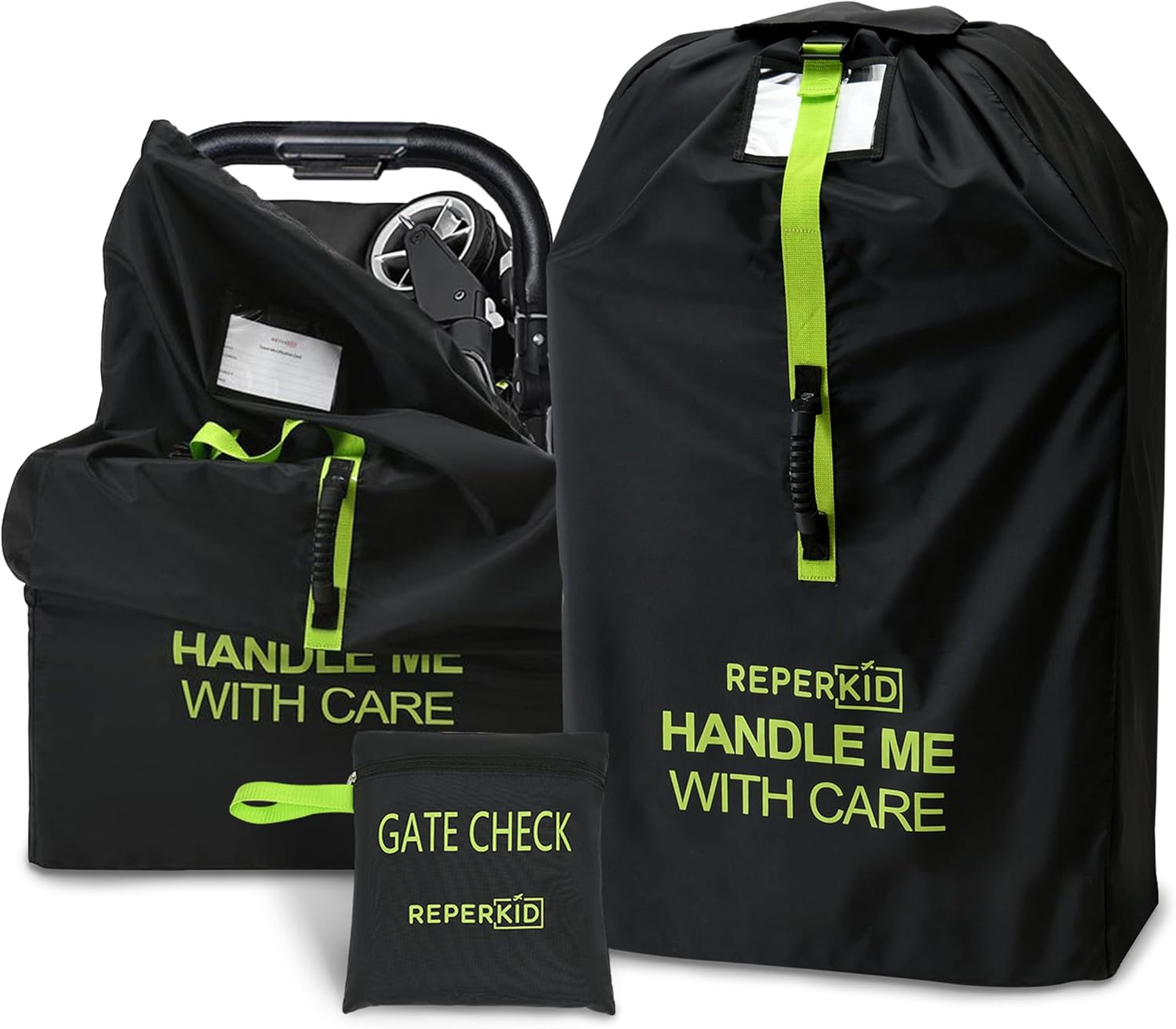 reperkid Medium Stroller Bag for Airplane Travel, Black & Green, 42″ H x26 W x13 D, Fits Most Single Strollers Incl. Jogging & Standard Models – Premium Waterproof Cover, Adjustable Shoulder Straps