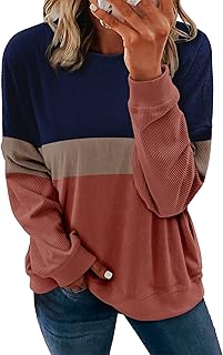 Womens Casual Long Sleeve Sweatshirts Color Block/Solid Tops Corduroy Crewneck Tunic Pullover with Pockets