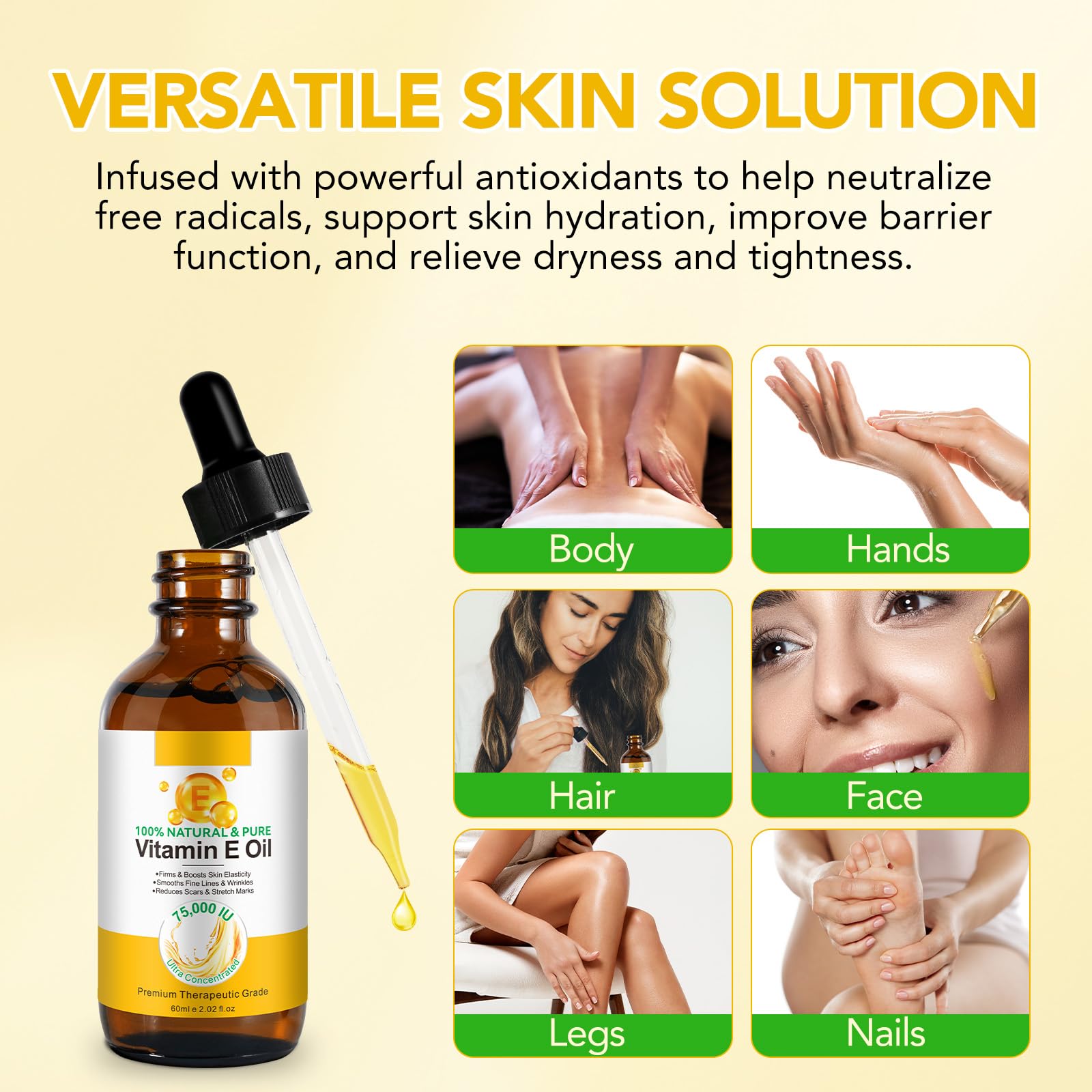 Huile de vitamine E 100 % naturelle, 75 000 IU ultra concentrée, qualité thérapeutique, soin de la peau anti-âge pour cicatrices et vergetures, 60 ml