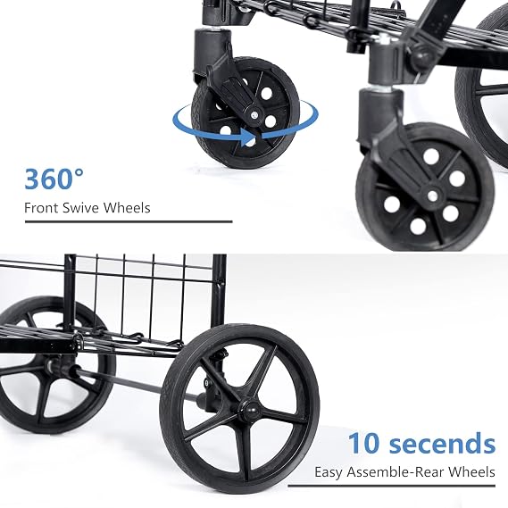 SUPER DEAL Folding Shopping Cart with Wheels and Double Basket for Groceries Laundry Book Luggage Travel, Black