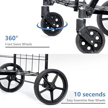 SUPER DEAL Folding Shopping Cart with Wheels and Double Basket for Groceries Laundry Book Luggage Travel, Black