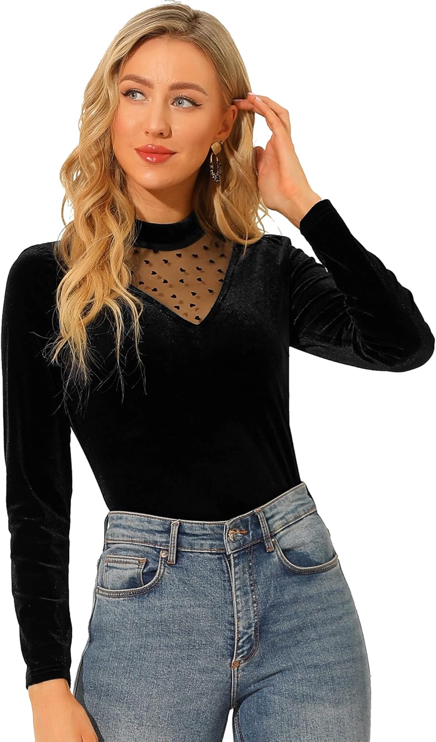 Allegra K Women's Vintage Velvet Mesh Panel Mock Neck Slim Fit Halloween Long Sleeve Tops
