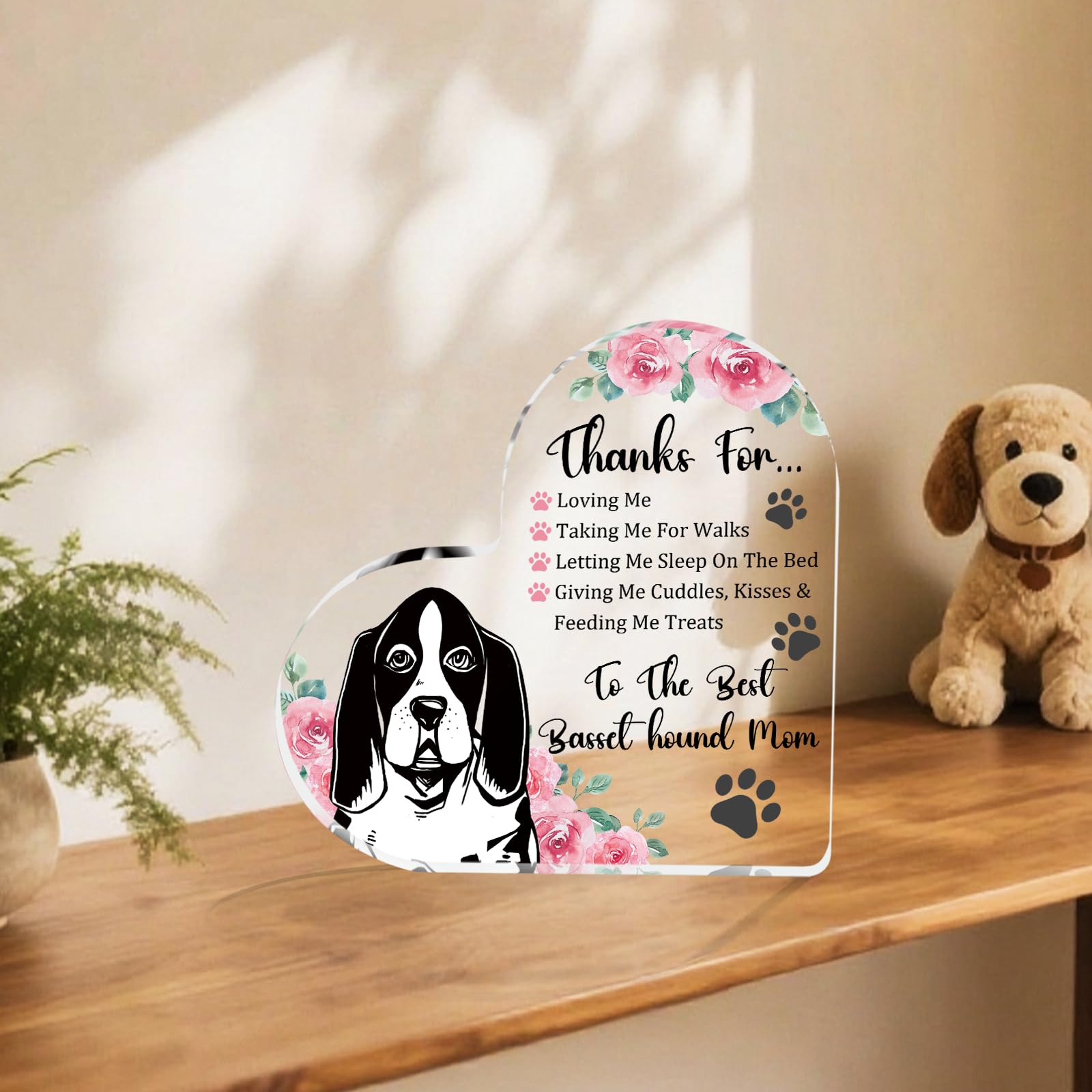 Tian Zhun Basset Hound Gifts for Women Thank You Basset Hound Mom Gifts for Women Dog Lover Rose Acrylic Heart Plaques Appreciation Gift for Mothers Day Christmas Birthday