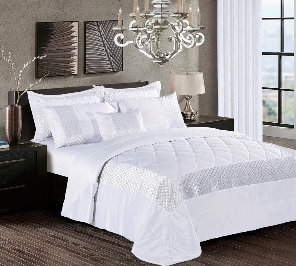 Luxury Bedspread Bed Throw Set Beddings Comforters Pillow Shams (White, Double)