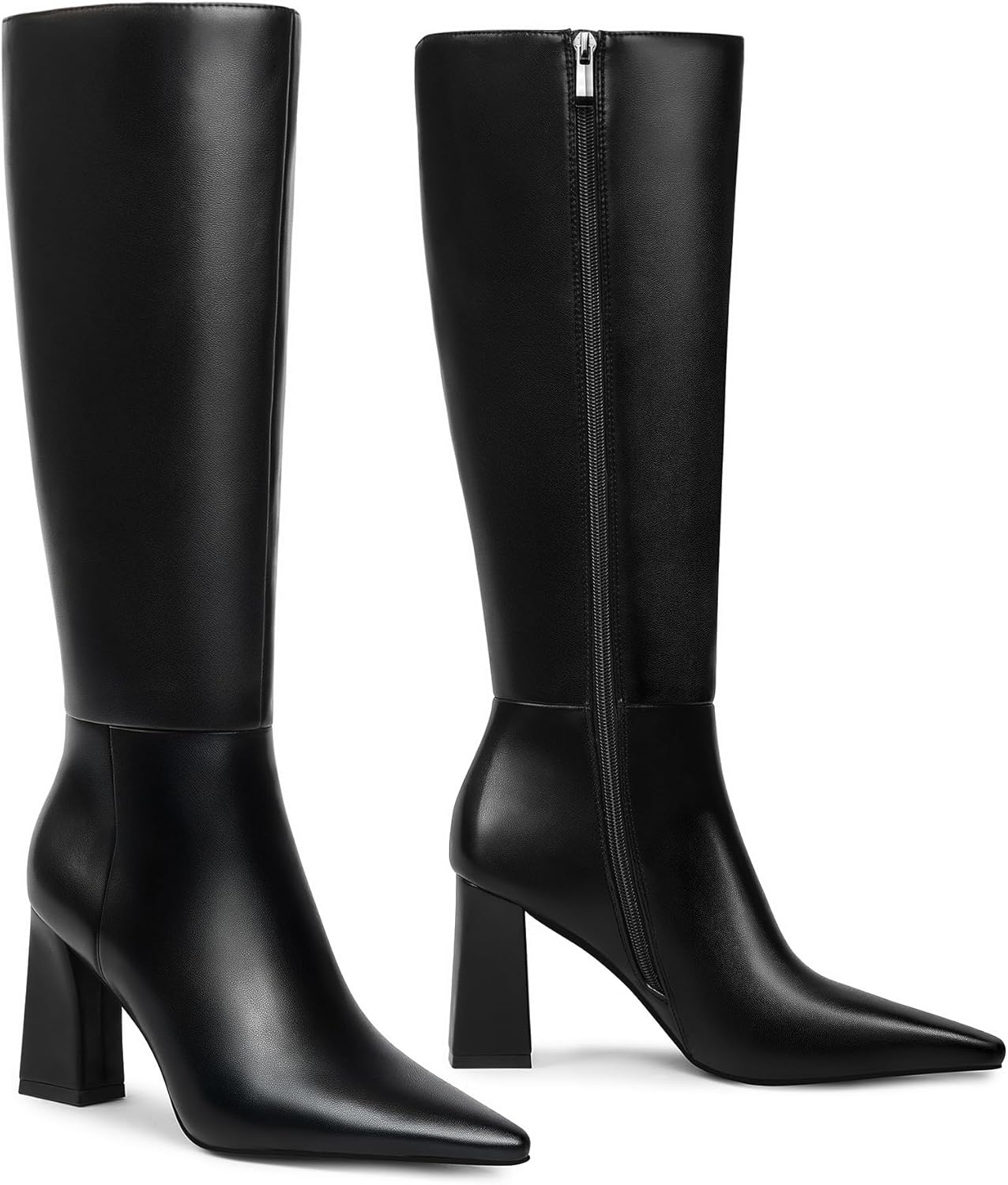Meolee Knee High Boots for Women Chunky High Heel Long Boots Pointed Toe Leather Boots with Side Zipper
