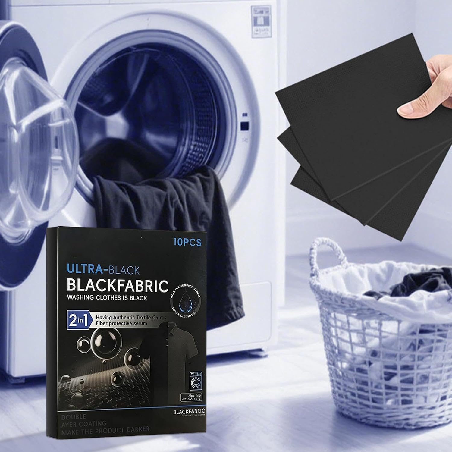10 Sheets Ultra Black Fabric Dye for Black Clothing, Color Restoration, Clothing Painting, Clothing Dyes, 2 in 1 Formula with Fiber Protector Serum, Machine Washable for Cotton, Linen and Silk