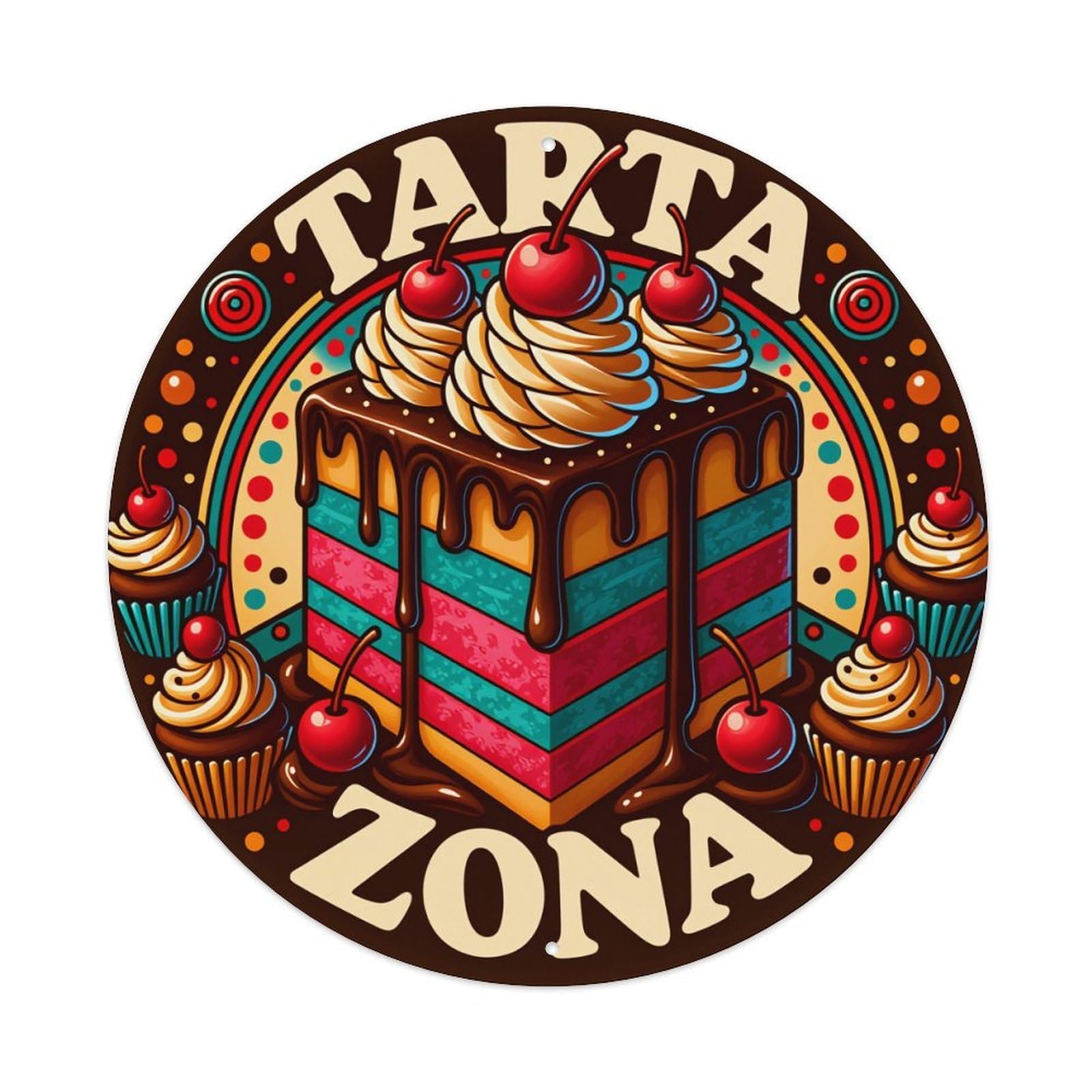 Lzwbntey Vintage Colorful Cake With Cherries And Chocolate Metal Tin Sign Retro Wall Decor For Home Bar Garage Cafe, Indoor & Outdoor Decorative，Circle Metal Poster, 8X8 Inch