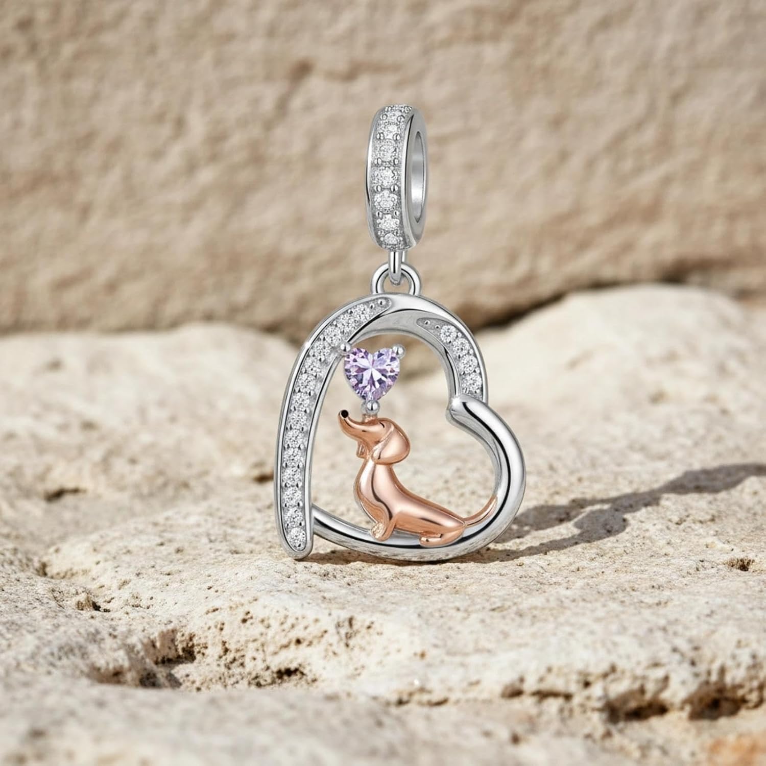 PROESS Dachshund Charm 925 Sterling Silver 12 Months Birthstone Dog Charm Dachshund Beads for Dog Bracelets Jewelry Making