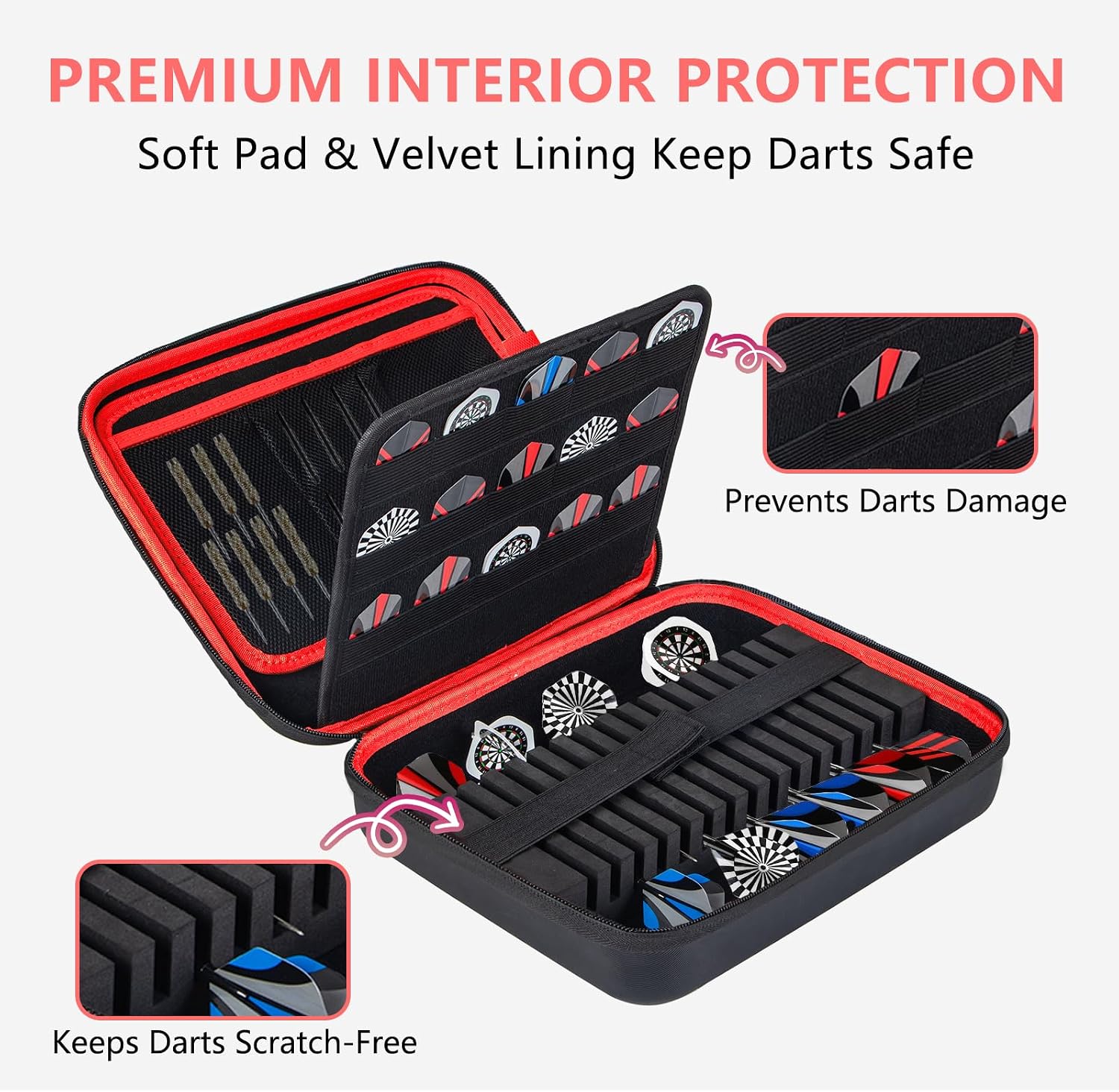 XXL Large EVA Hard Shell Dart Case for 15Darts, 30 Flights, Shafts & Accessories with Carry Handle, Darts Case with Soft Pad & Mesh Bag for Steel or Soft Tips, Dart Bag Bar Game, Travel -Red