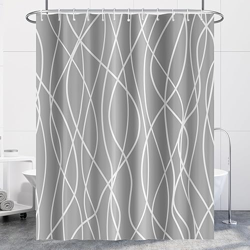 Miniatura 103 de Cortina de ducha pequeña a rayas gris claro degradado para baño, 36 x 72 pulgadas, juego de cortina de ducha geométrica para cabina de RV con Gris