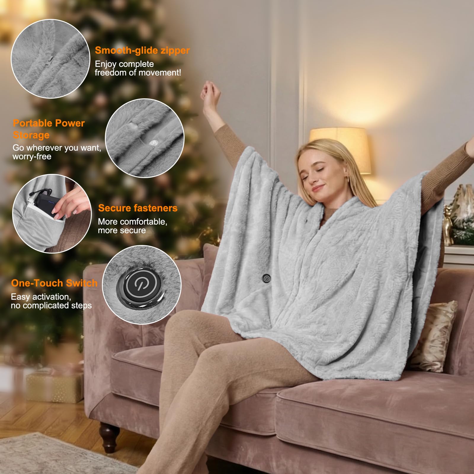 Heizdecke Kabellos 160x90cm mit Akku, Waschbar Flanell Heizdecke, USB Elektrische Wärmedecke für Sofa, Büro, Reisen, Camping (Grau)
