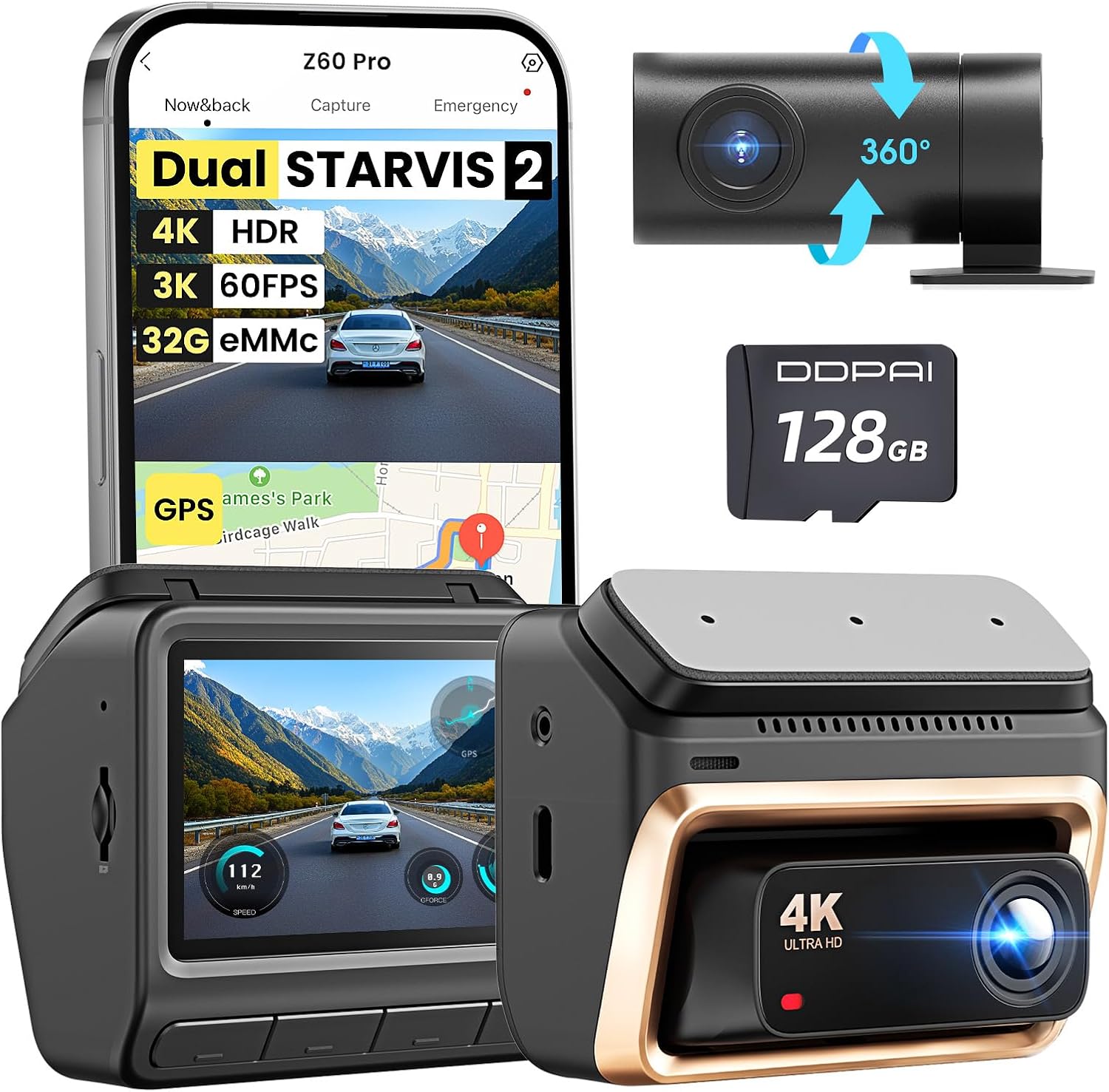 Dashcam 4K Z60 Pro Vorne Hinten, Dual STARVIS, 32GB eMMC, 128GB Karte, GPS
