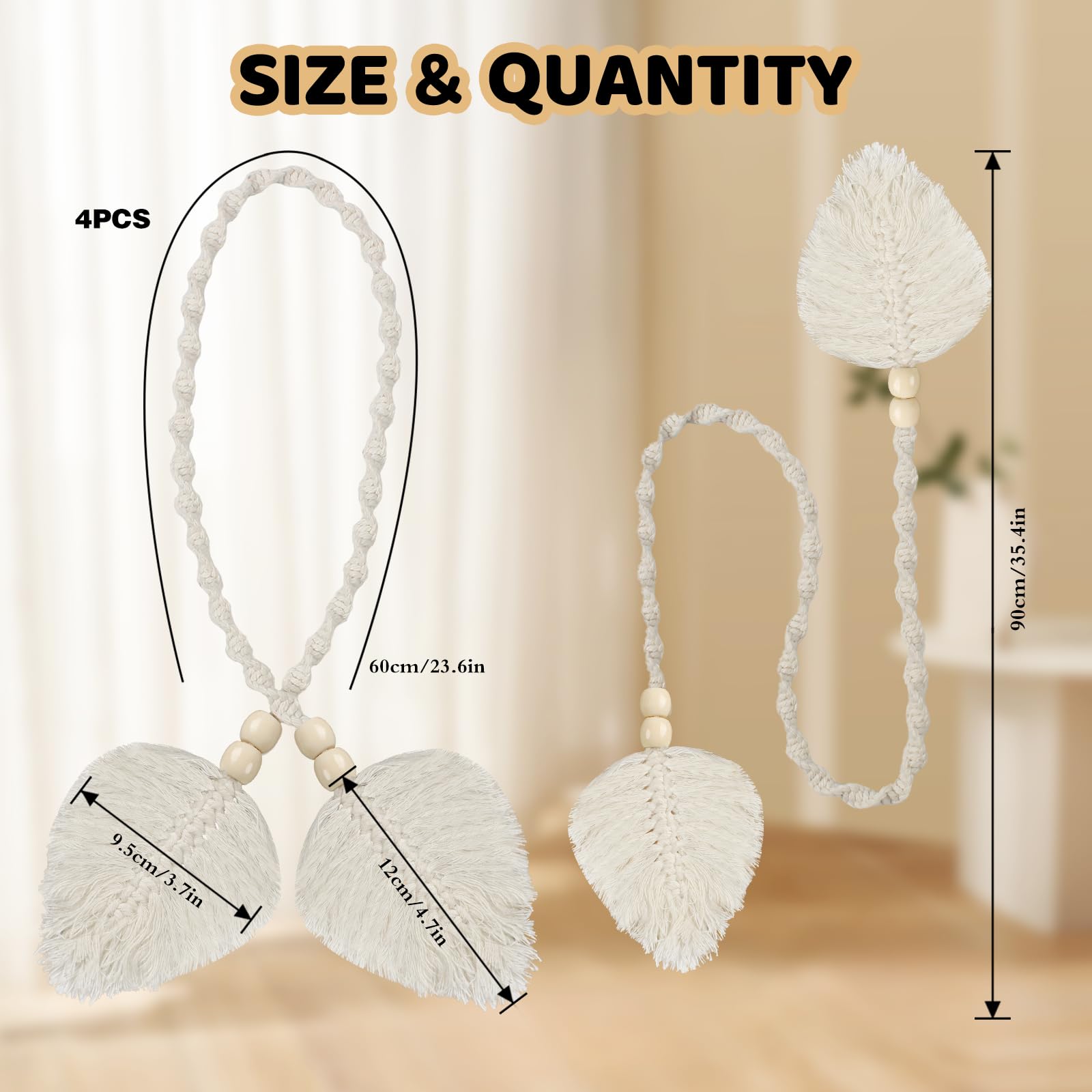 NVGVUP 4 Pack Boho Curtain Tie Backs, Beige Tie Backs for Curtains Cotton Hand Woven Rope Curtain Holdbacks for Home Office - Image 2