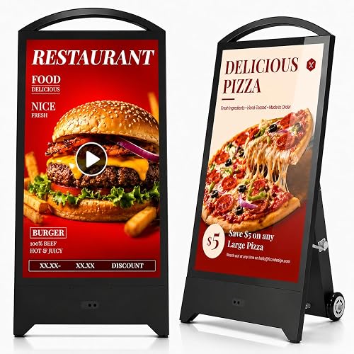 32" Outdoor Digital Signage, 2000nits Brightness Portable Digital Signage Display, IP65 Waterproof Advertising Display, CMS with USB Plug&Play, Split Screen, LCD Digital Kiosk with Rechargeable 1200WH Battery for Restaurant/Café