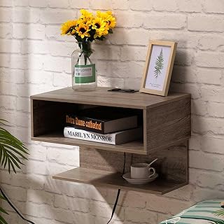 ALIMORDEN Floating Nightstand with Charging Station, Wall Mount Bedside ...