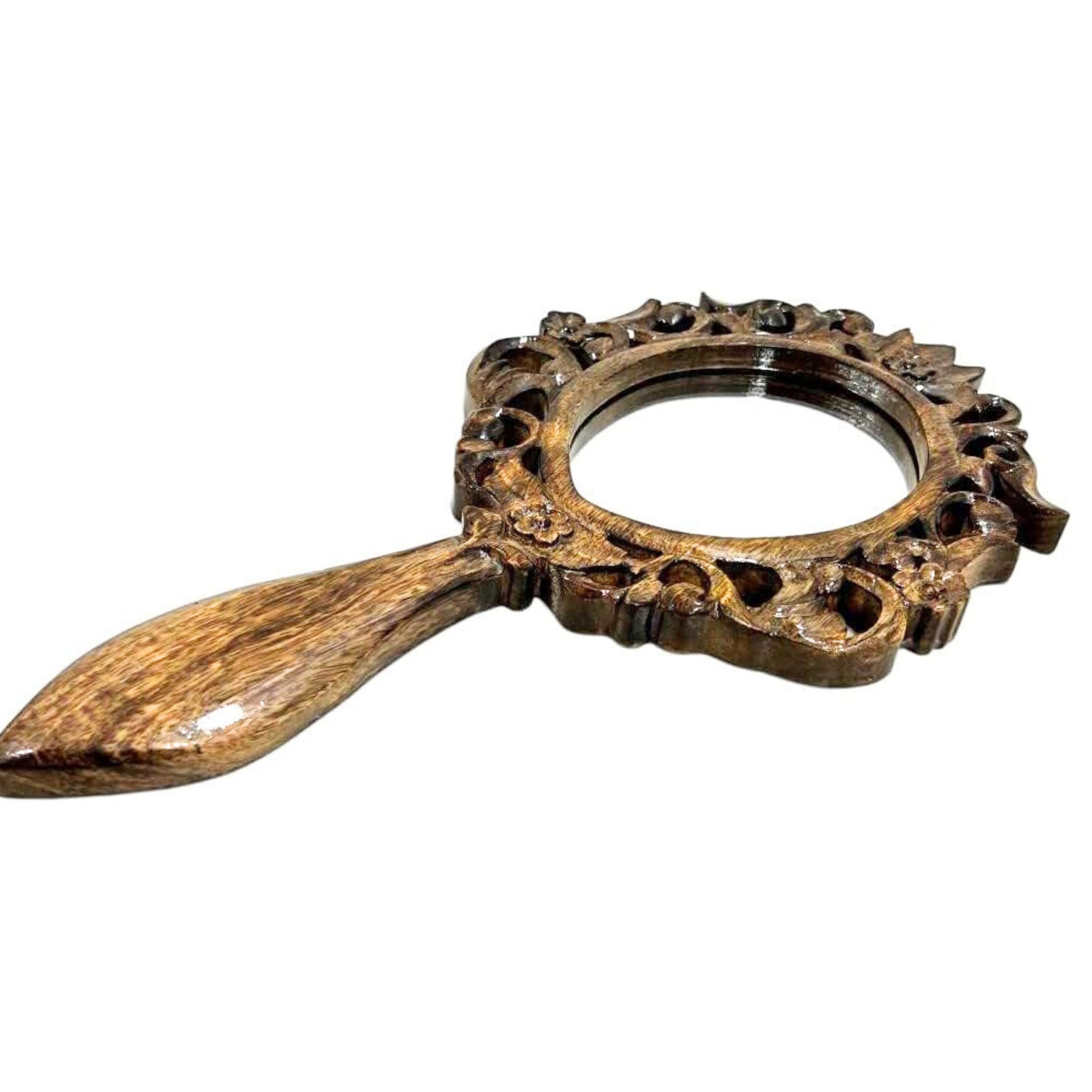 CollectiblesBuy Vintage Handspiegel Aus Holz - Oval, 38,1 Cm, Mit Griff, Floralem Design, Grün, Für Schminktisch Oder Wand