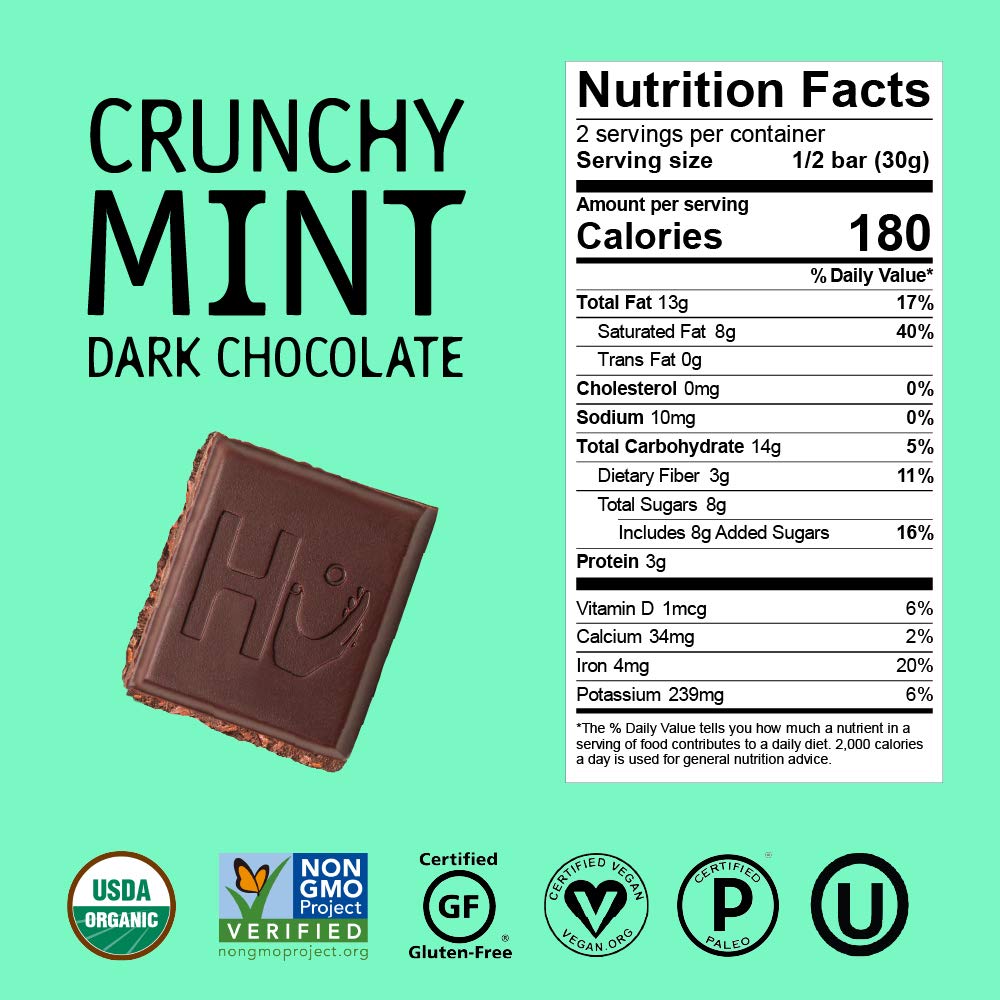 Hu Chocolate Bars | 8 Pack Crunchy Mint Chocolate | Natural Organic Vegan, Gluten Free, Paleo, Non GMO, Fair Trade Dark Chocolate | 2.1oz Each