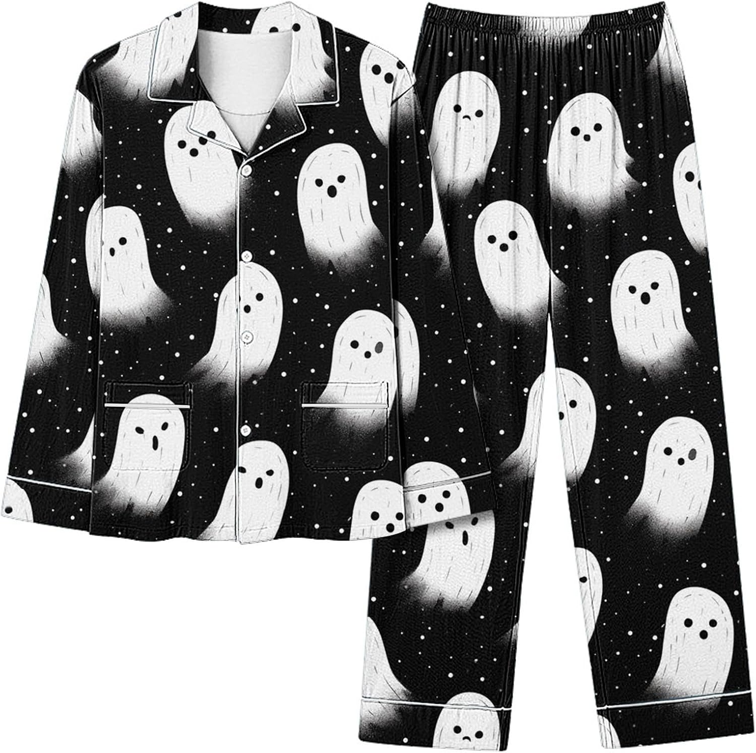 Womens Halloween Pajamas Set Cute Ghost Pumpkin Print Sets Soft Loungewear | 2026 Fall Winter Nightwear, Long Sleeve Shirt Loose Pants, Ghost Pumpkin Print Sleepwear, Relaxed Fit Loungewear