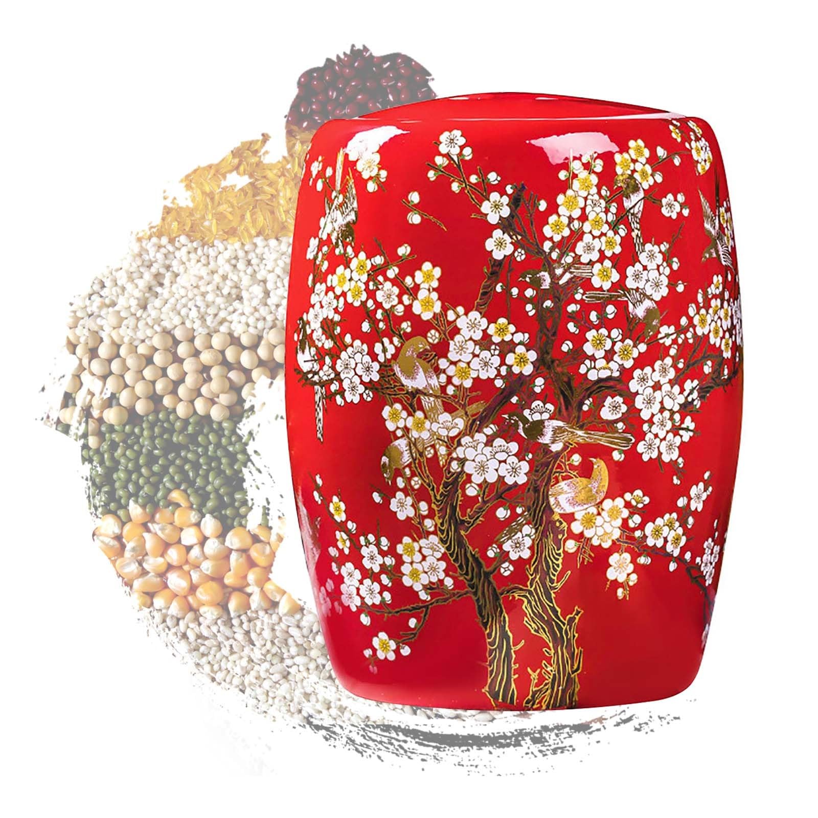 MESCXTY Ceramic Rice Bucket Jar with Lid Container 11lb 22lb 33lb 55lb Food Airtight Storage Jars Household Barrel Set for Oatmeal/Soybeans/Corn/Flour(Red,Capacit
