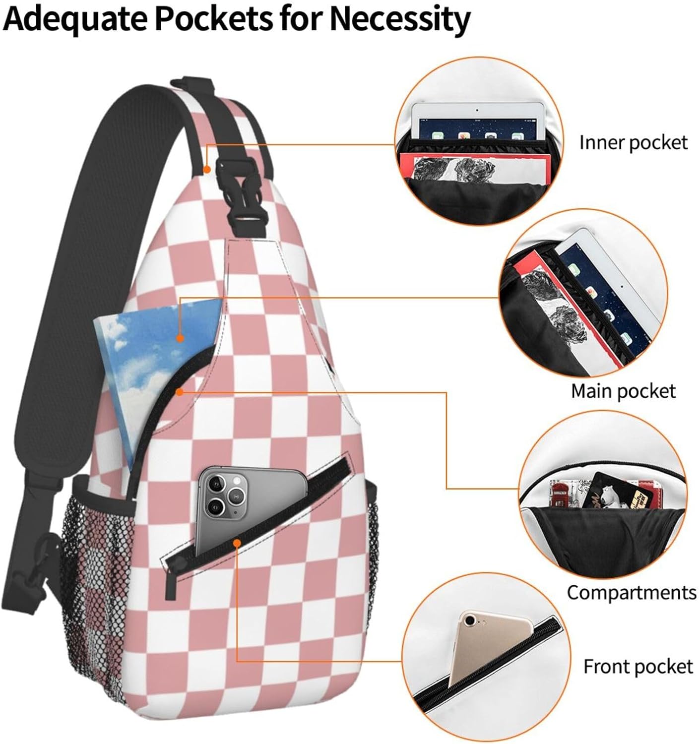 Checkered Crossbody Sling Bags for Women Men Checkerboard with Pink and White Squares Travel Sling Backpack Casual Chest Shoulder Bag Abstract Grid Pattern Gym Sports Hiking Daypack - Image 3