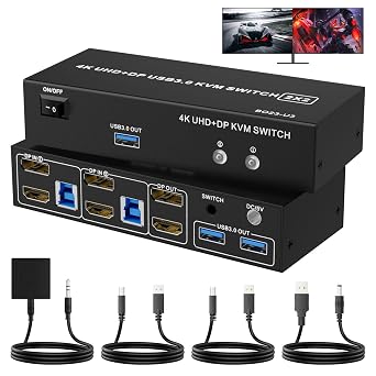 Dual Monitor HDMI + DisplayPort KVM Switch 2 Monitors 2 Computers with 3 USB 3.0 Ports, Support 4K@60Hz Copy Extended Splicing Display, Wired Extension Button & 2 USB Cables Included