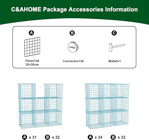 C&AHOME Wire Cube Storage, 9 - Cube Organizer Metal C Grids, Shelves, Blue