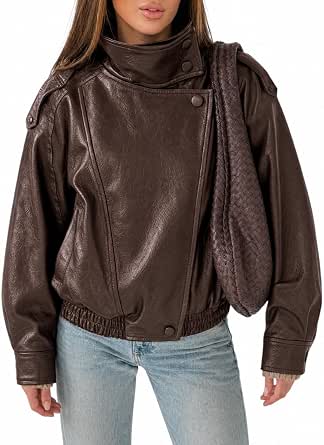 Cicy Bell Women's Faux Leather Oversized Zip-Up Motor Biker Jacket