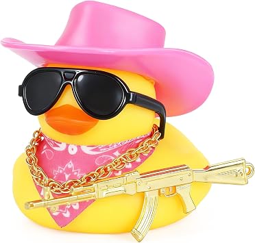 Cowboy Rubber Duck Car Decor with Gold AK Gun, Sunglasses & Bandana, Funny Dashboard Accessories for Cars, Office, Home, Small Rubber Ducks for Birthday GiftPink Hat