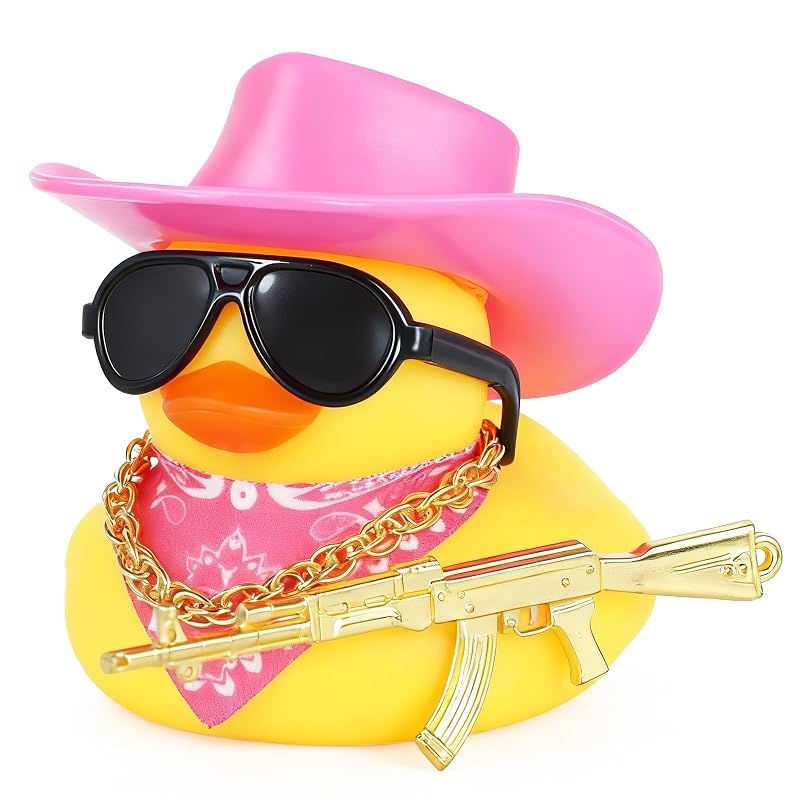 Pato de Borracha Decorativo para Carro BOZILY com Chapéu de Cowboy Rosa, Óculos e Acessório Dourado