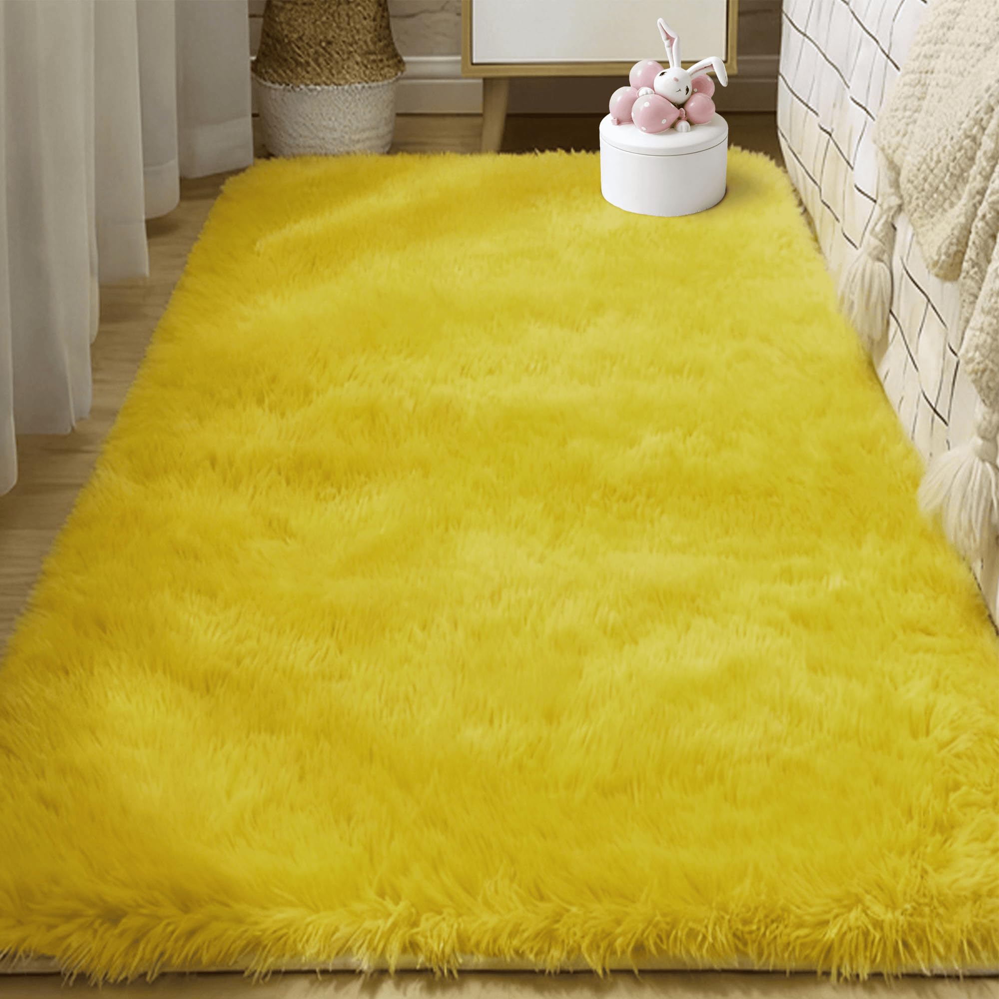 Tapis chambre 150x180 cm jaune shaggy lavable pour salon et enfants