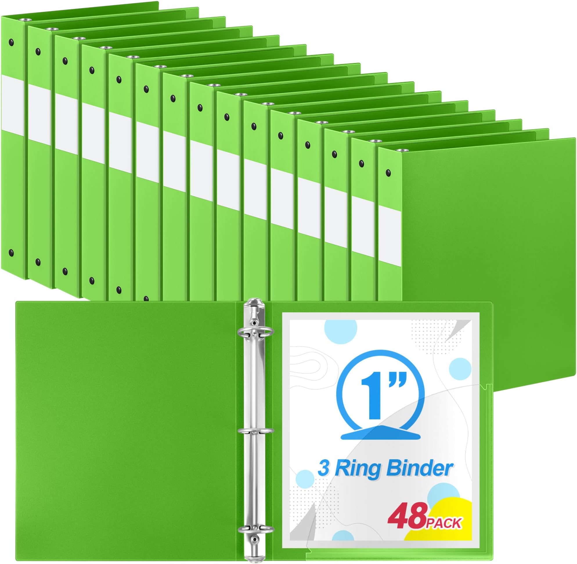- 48 Pack 1 Inch 3 Ring Plastic Binders, Bulk Flexible PP Binders for Classroom & School Supplies, Letter Size 8.5 x 11, Holds 240 Sheets with Interior Pocket (Tender Green)