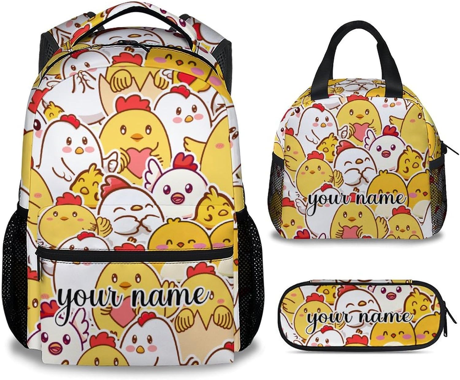 Custom School Backpack with Lunch Box - Set of 3 Chicken Backpacks Matching Combo for Girls - Cute Yellow Bookbag and Pencil Case Bundle