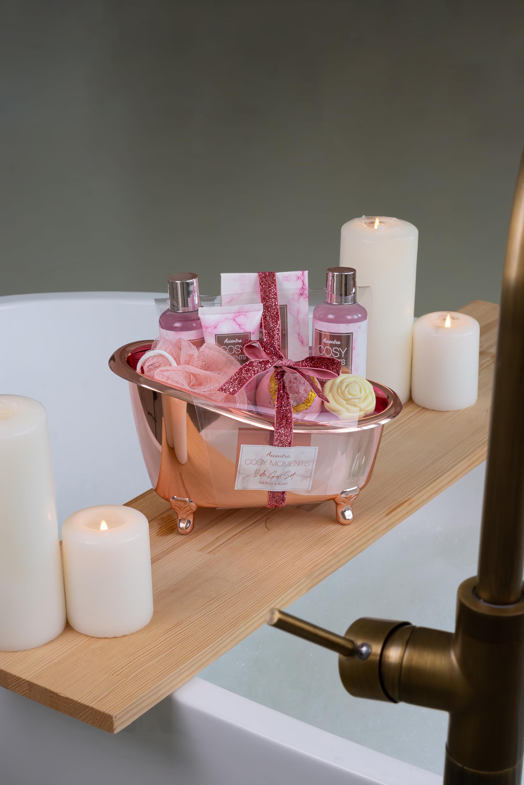 Accentra - COSY MOMENTS zestaw do kąpieli i prysznica w kolorze różowym – zestaw prezentowy do relaksu dla kobiet na urodziny lub Walentynki – 7-częściowy zestaw upominkowy i pielęgnacyjny z mini