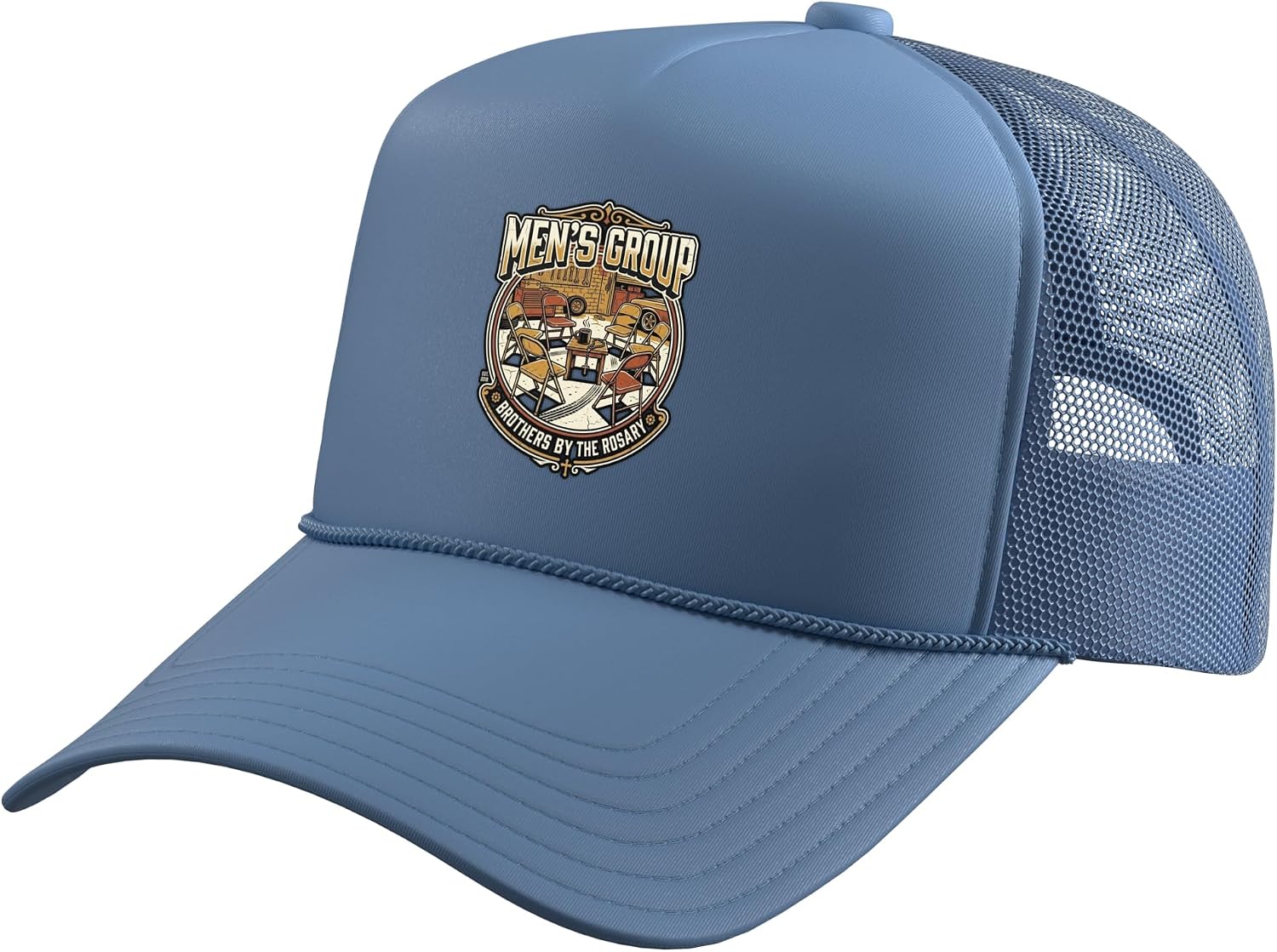 Circle of Chairs Coffee Rosary Center Garage Catholic Trucker Hat with Adjustable Mesh Back