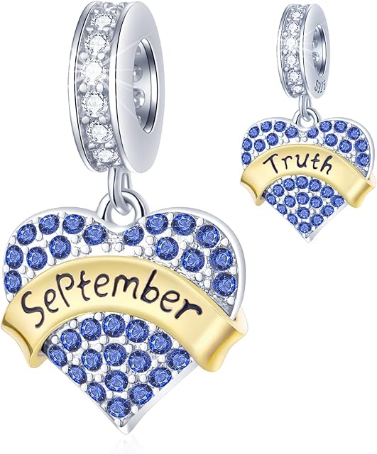 CRISNATA Jan-Dec 12 Month Birthstone Heart Pendant Charms with Clear CZ, 925 Sterling Silver 2 Tone Gold Beads, fits European Birthday Bracelet, Gifts for Mother/Wife/Father
