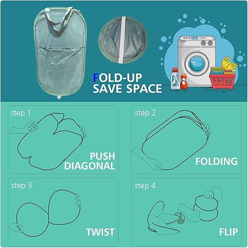 Miniatura 5 de HONOMA Cesta de malla resistente para lavandería, cesta desplegable con bolsillo lateral para lavandería, baño, habitación de los niños, dormitorio