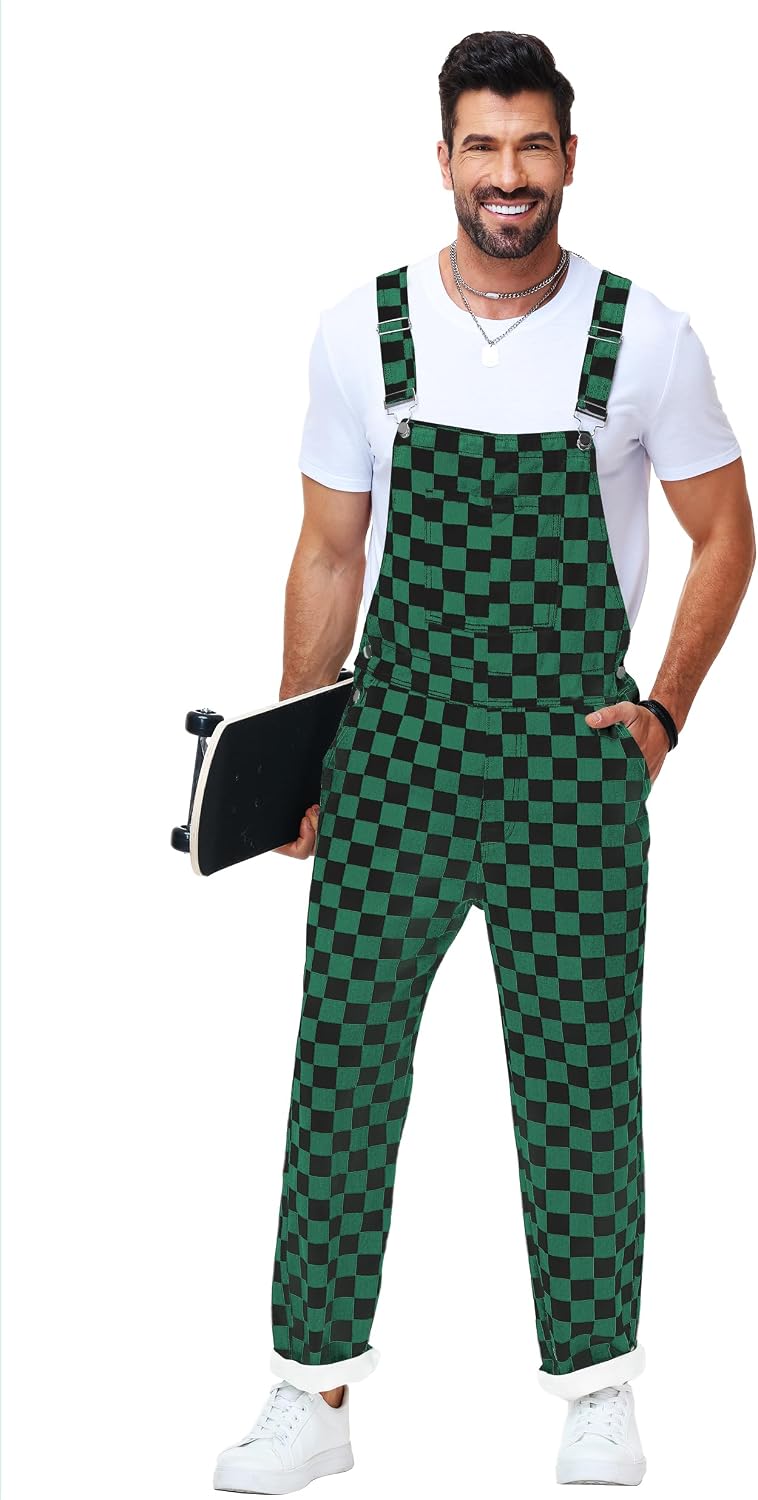 Mens Checkered Overalls Bib Coveralls Denim Straight Pants Cotton Casual Jean Jumpsuits