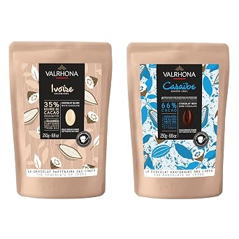 Valrhona Premium Baking Chocolate Discs Feves, Dark Chocolate CARAIBE 66% Cacao Grand Cru Blend, and Creamy Milk Chocolate IVOIRE 35% w/Hints of Vanilla & Warm Milk, For Cookies, Cakes, and more