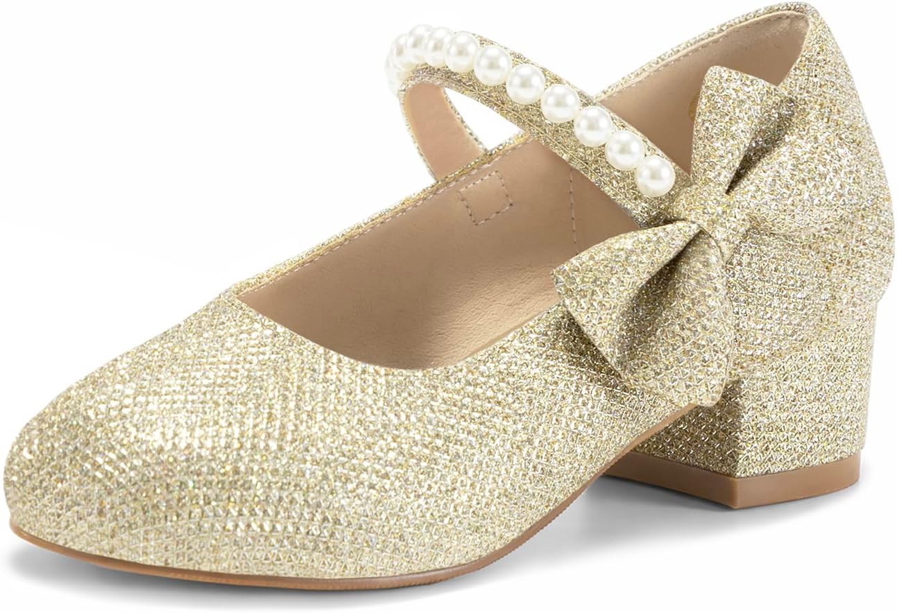 Haloumoning Girls Mary Jane Dress Shoes Pearl Strap Bow Princess Low Heel | Girls Low Block Heel Pumps, Closed Round Toe, Flower Girl Wedding Birthday Party Church Shoes, Hook and Loop Closure