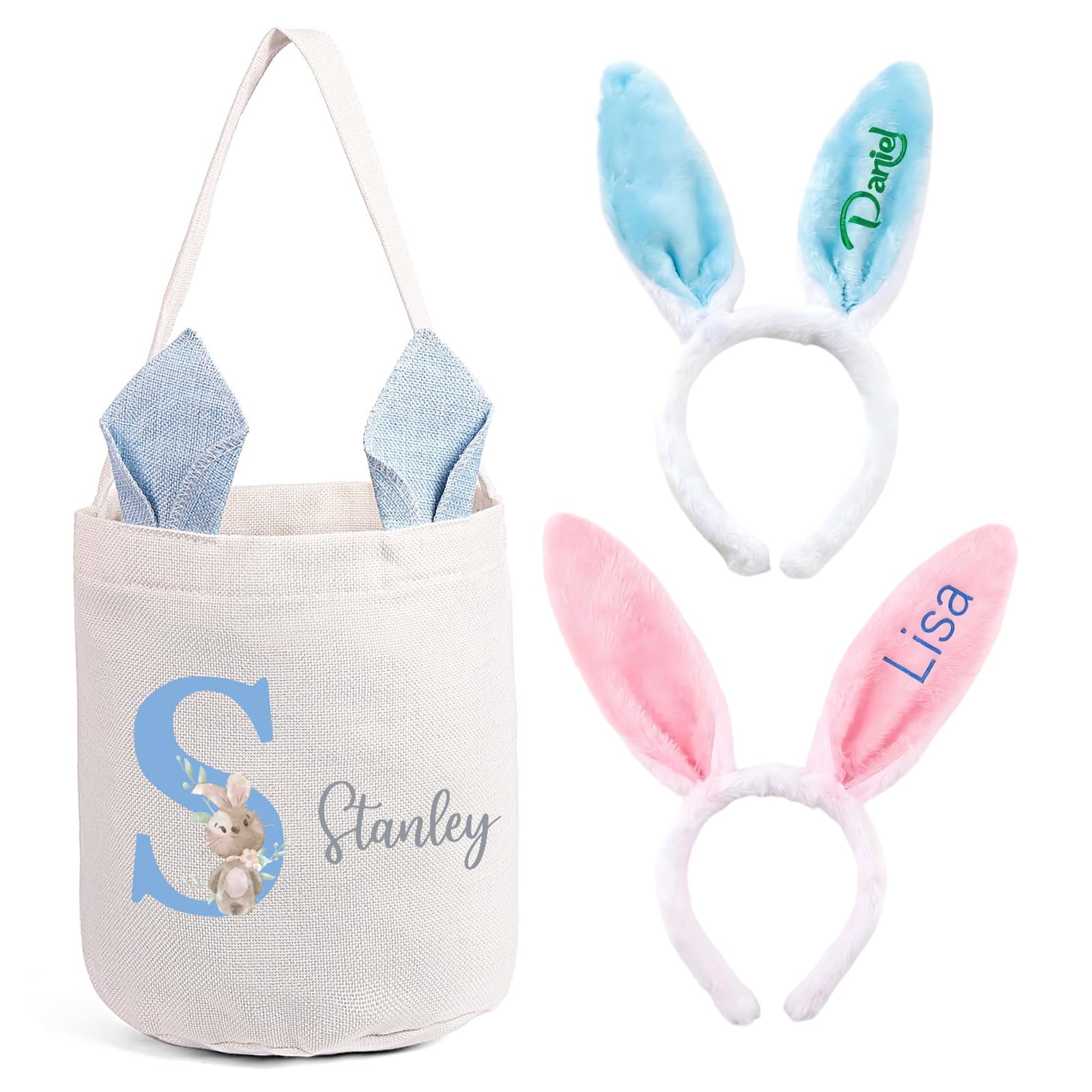 Custom Name Easter Basket: Personalized Easter Baskets for Girls Boys - Photo Name Bunny Bag Kids Party Bag