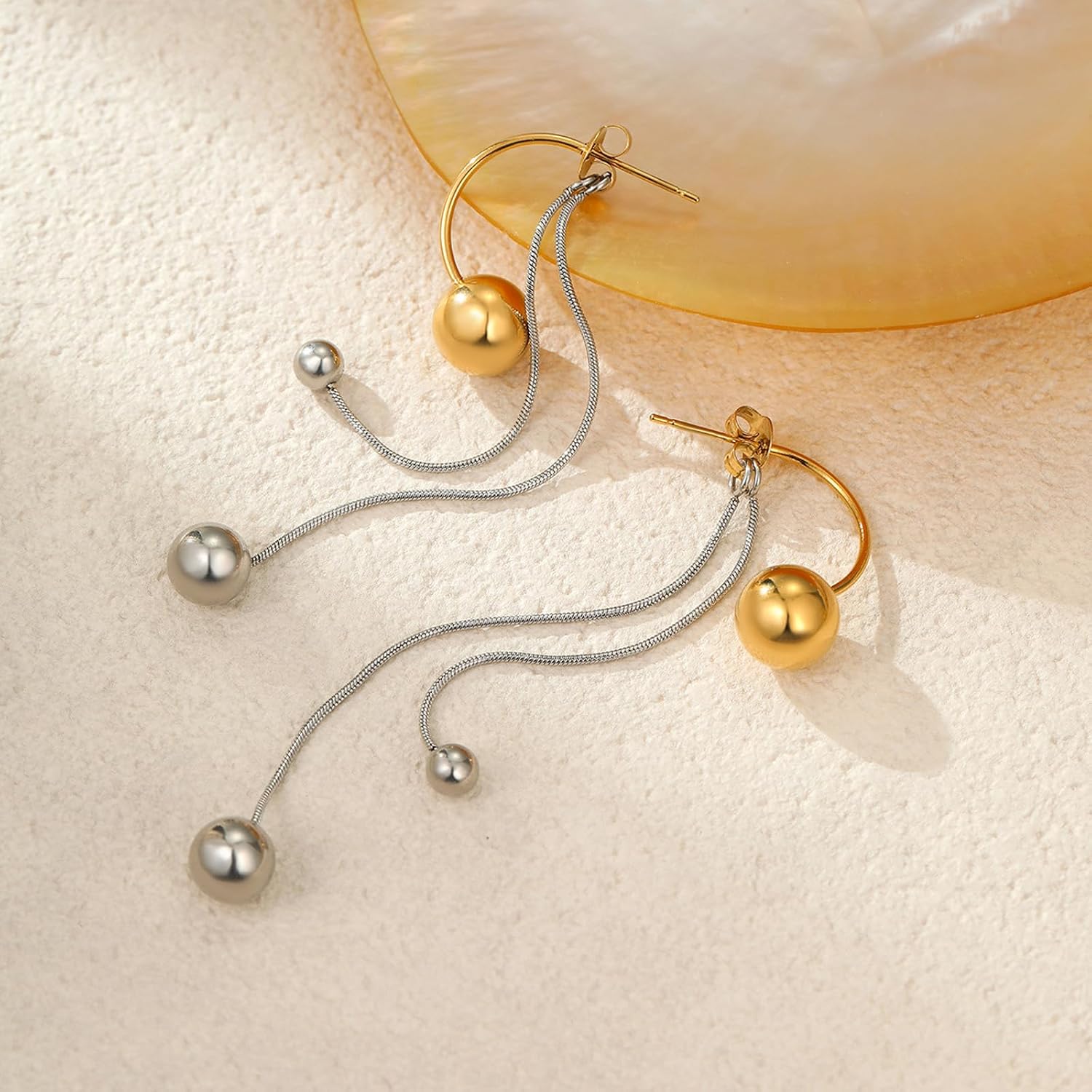 Elegant Earrings with Flowing Tasselss Colors Blocks Metal Balls Stainless Steel Comfort Fit Women Metal Ball Earrings