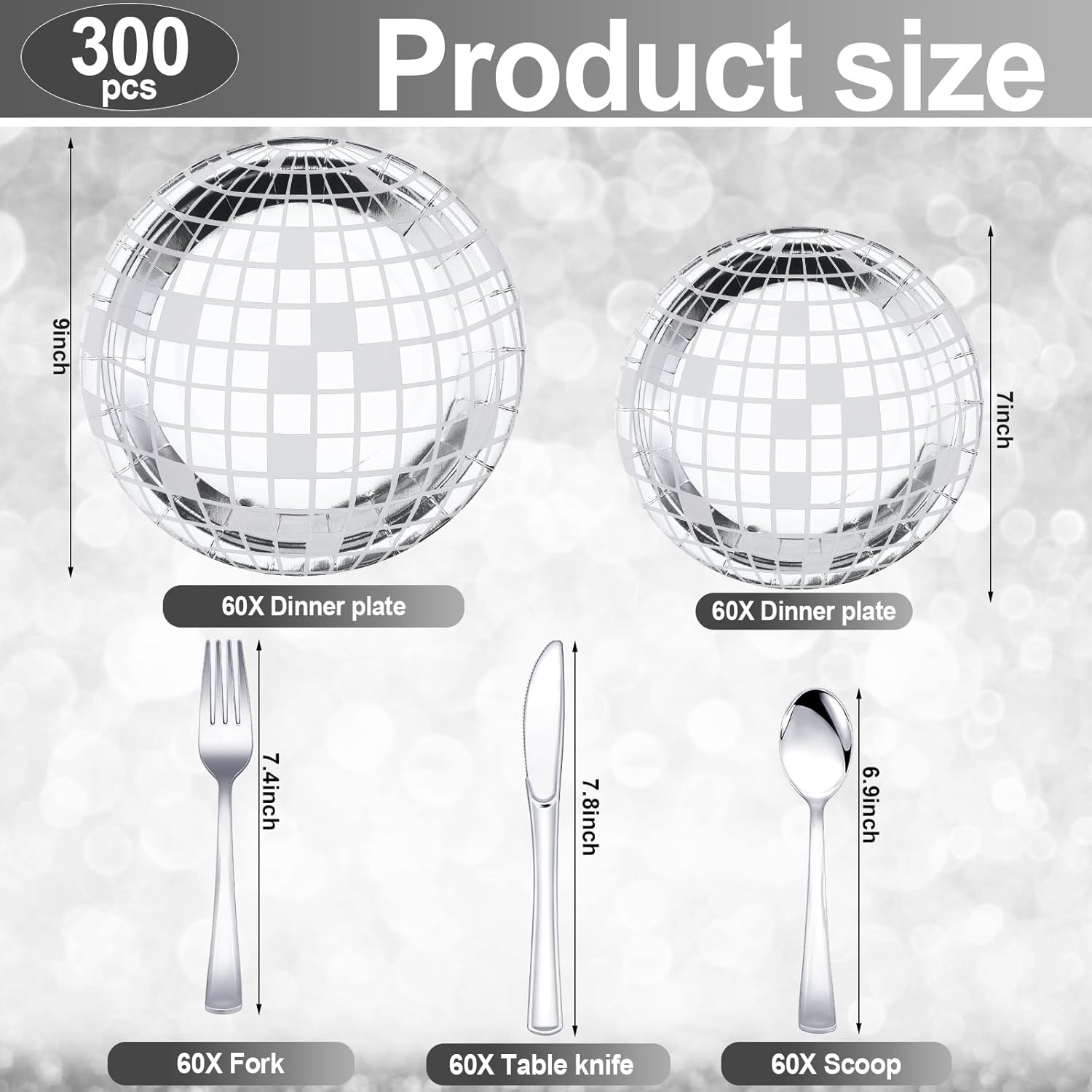 Mifoci 300 Pcs 70s 80s Disco Party Decorations 60 Set Disposable Paper Plates 7", 9" Silver Disco Ball Dessert Dinner Plates with Knife Fork and Spoon for Rock Roll Dance Music Party - Image 3
