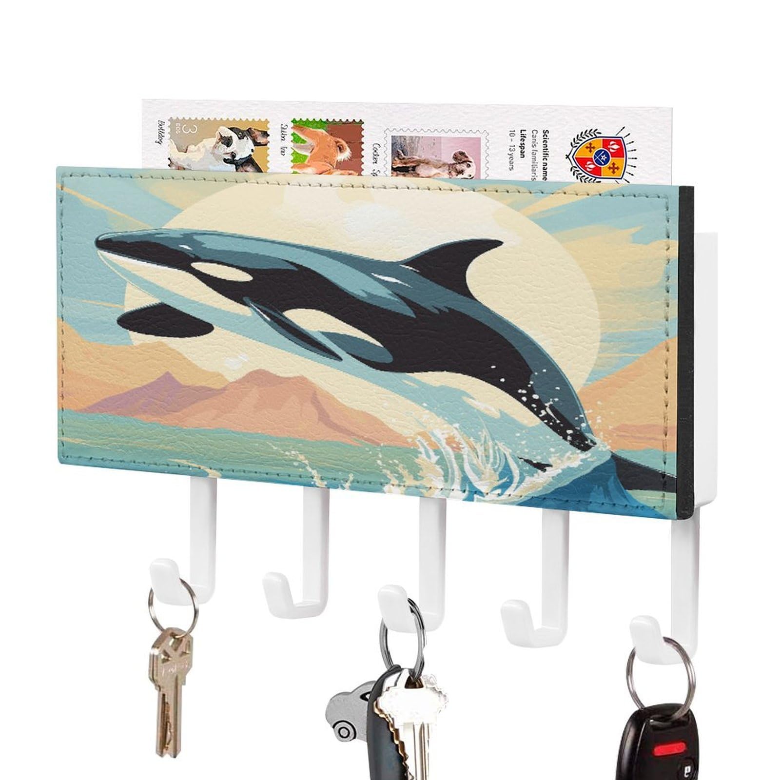 Fekiloot White-Style Orca In The Sea Key Holder Wall Mount Key Hanger With 5 Hooks Decorative Key Rack Hanging Key Hooks With Mail Organizer Key Holder For Wall Living Room Kitchen Bathroom Hallway White