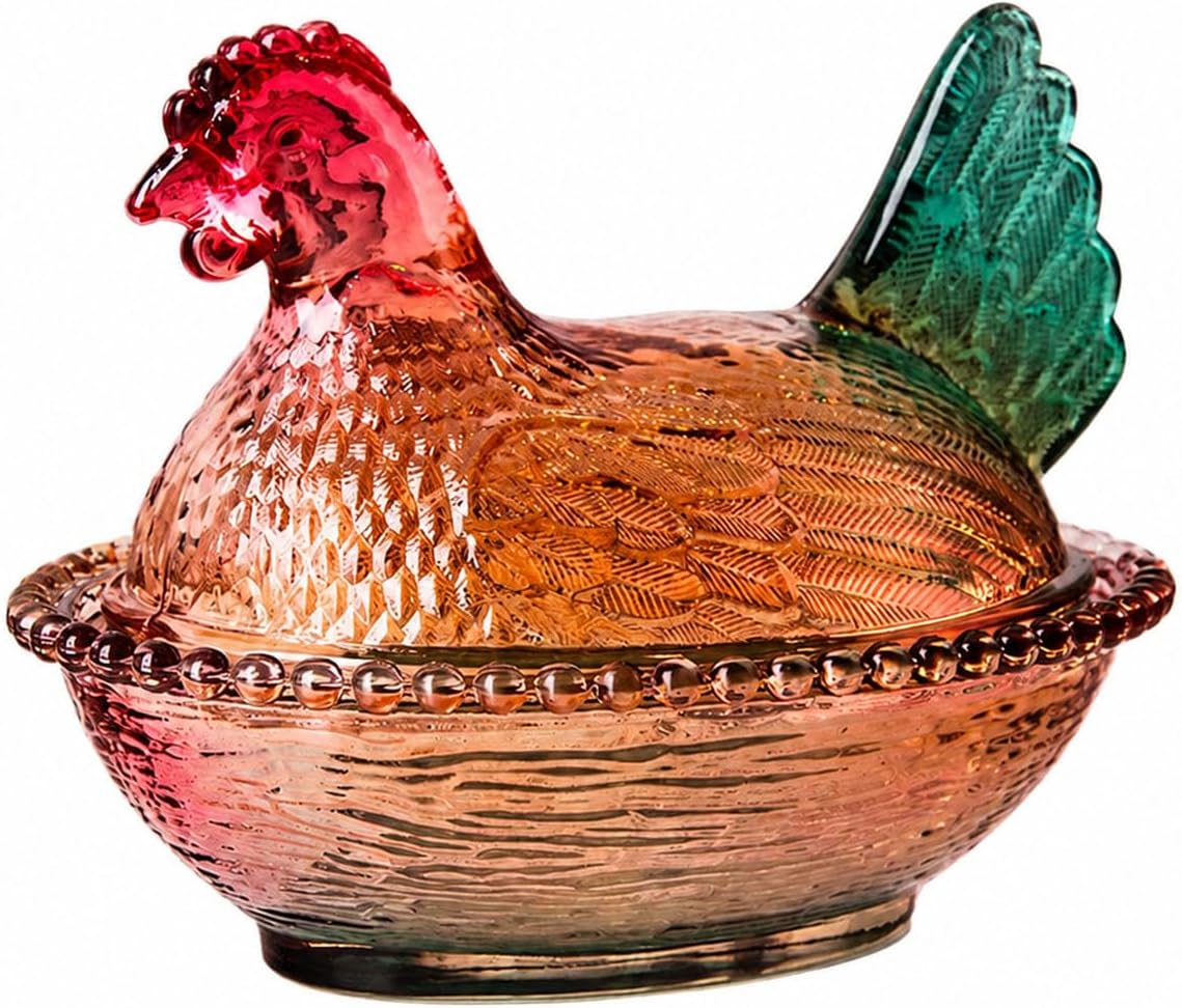 Old Vintage Dishes Glass Hen on Nest Candy with Lid, Chicken Decor