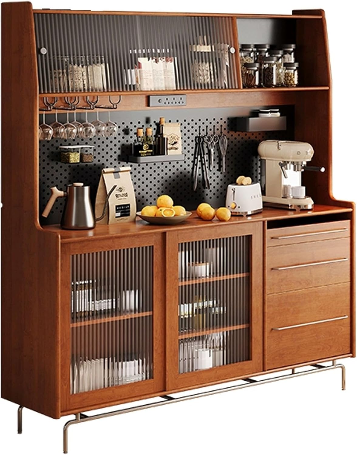 Tall Sideboard Buffet Hutch Cupboard Cabinet, Accent Storage Cabient with Glass Doors, Coffee Bar Cabinet with Pegboard and Drawers, Kitchen Hutch Cabinets for Indoor(120cm/47.2in)