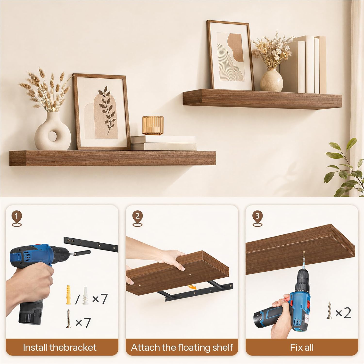 HOOBRO 31.5" Floating Shelves for Wall, Set of 2 Wall Mounted Shelf | Hanging Shelf with Invisible Brackets, for Wall Decor Storage in Bathroom Bedroom Kitchen Living Room Office, Walnut