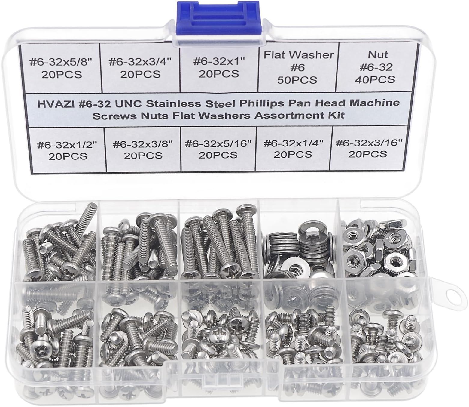 #6-32 UNC Stainless Steel Phillips Pan Head Machine Screws Nuts Flat Washers Assortment Kit