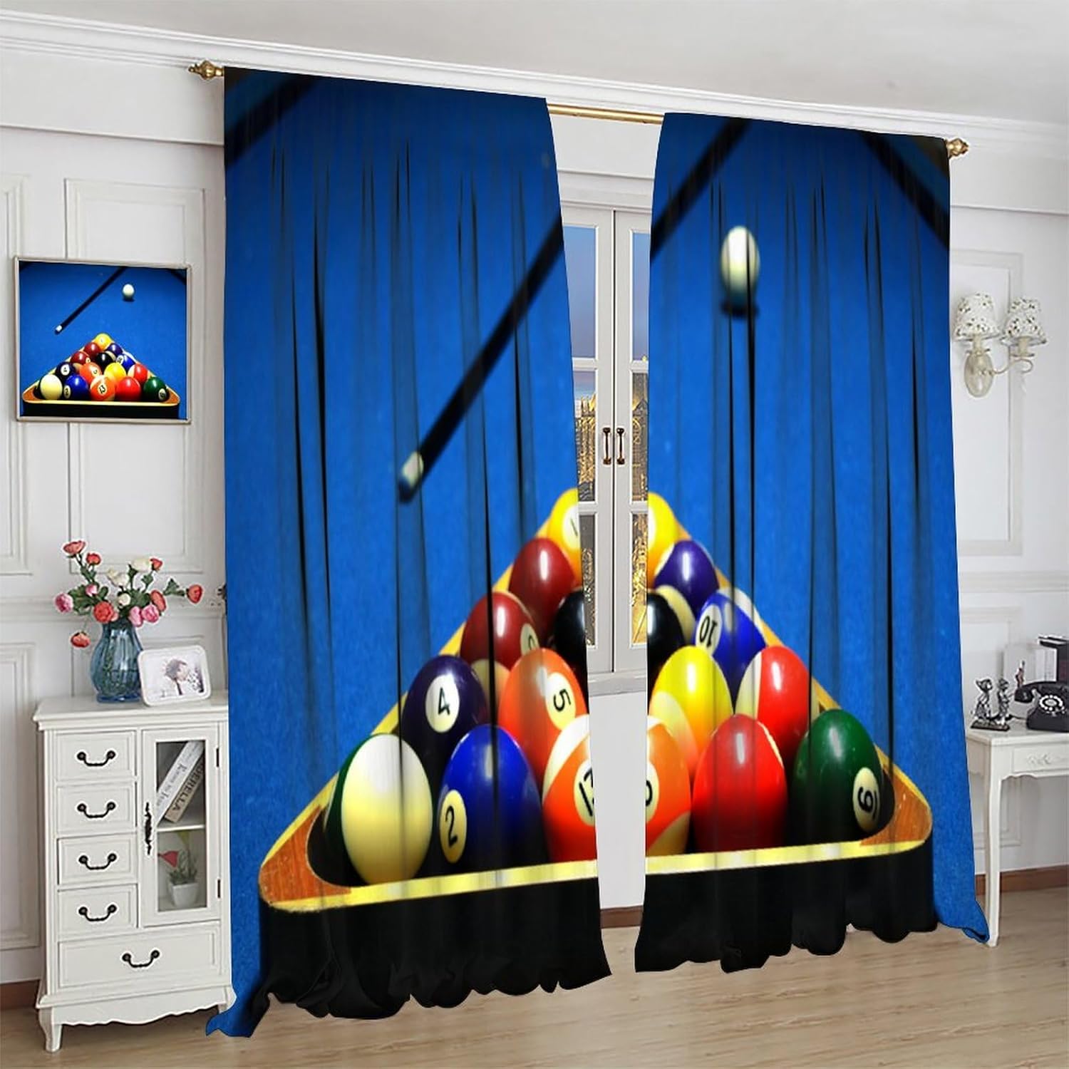 Billiard Sports Curtains, High Angle View of Pool Table Balls Fun Party Printed Rod Pocket Window Drapes for Cafe Bedroom Living Room Billiards Room 42" W X 63" L