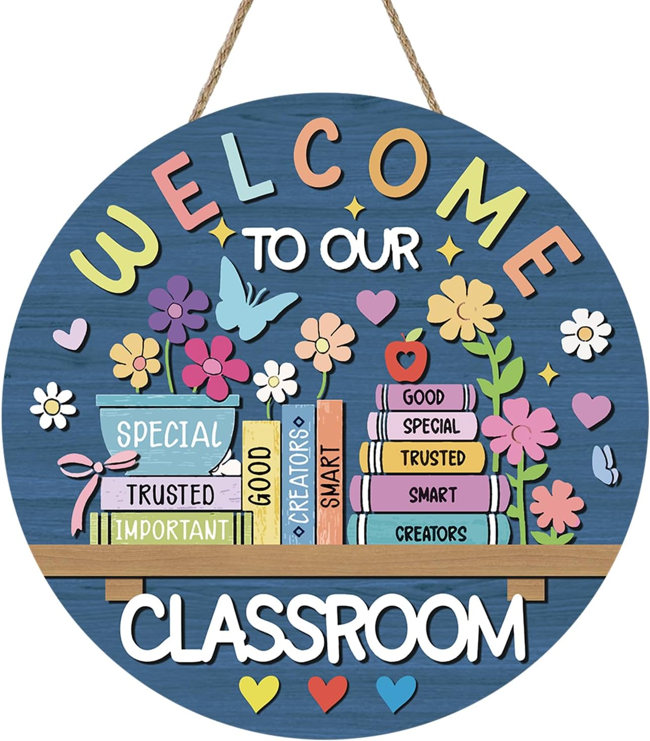 Welcome to Our Classroom Front Door Sign, Back to School | Educational Books Wood Hanger Preschool Elementary Home Decor, Floral Wooden Wreath Indoor Wall Hanging Decoration Teacher