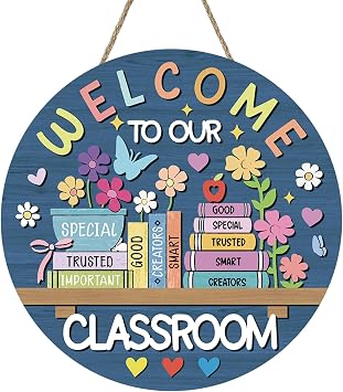 Welcome to Our Classroom Front Door Sign, Back to School | Educational Books Wood Hanger Preschool Elementary Home Decor, Floral Wooden Wreath Indoor Wall Hanging Decoration Teacher